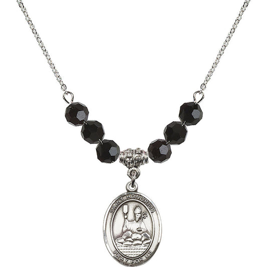 Sterling Silver Saint Honorius of Amiens Birthstone Necklace with Jet Beads - 8376