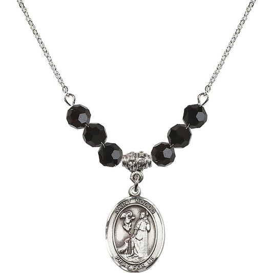 Sterling Silver Saint Rocco Birthstone Necklace with Jet Beads - 8377