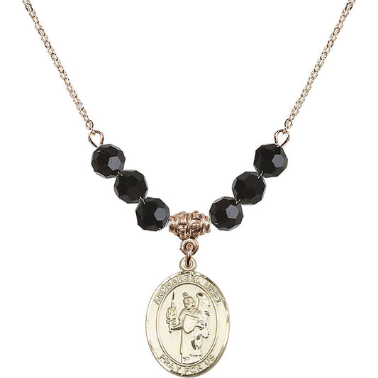 14kt Gold Filled Saint Uriel the Archangel Birthstone Necklace with Jet Beads - 8378