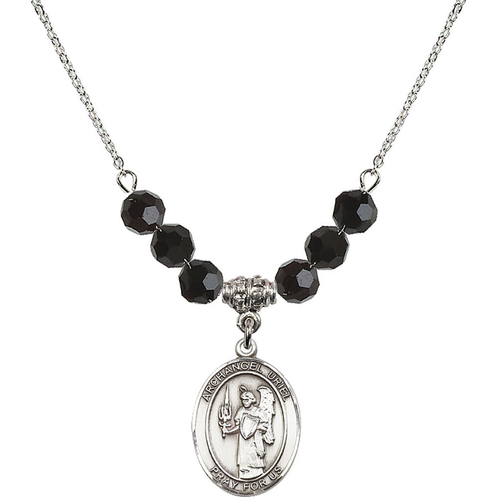 Sterling Silver Saint Uriel the Archangel Birthstone Necklace with Jet Beads - 8378