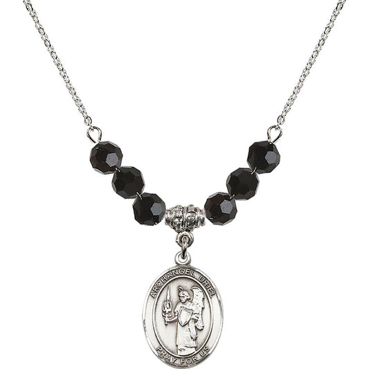 Sterling Silver Saint Uriel the Archangel Birthstone Necklace with Jet Beads - 8378