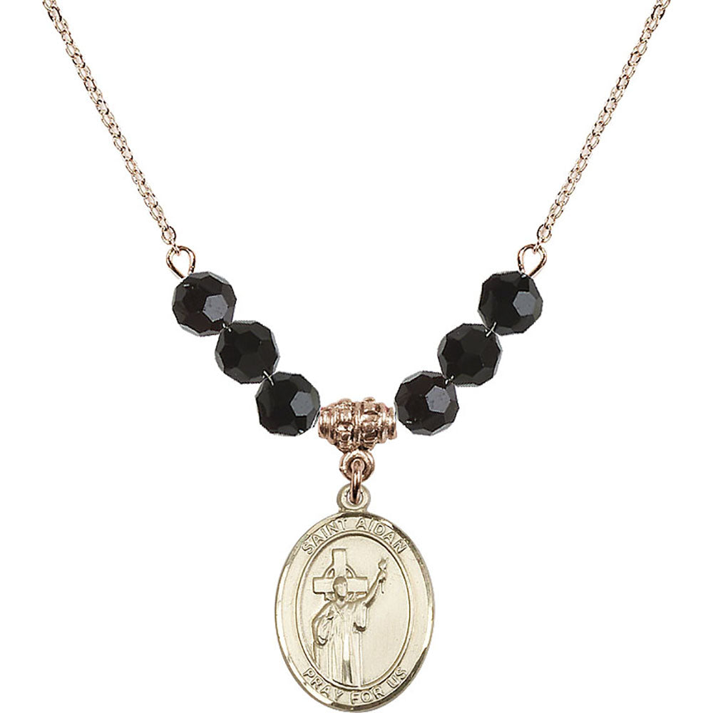 14kt Gold Filled Saint Aidan of Lindesfarne Birthstone Necklace with Jet Beads - 8381