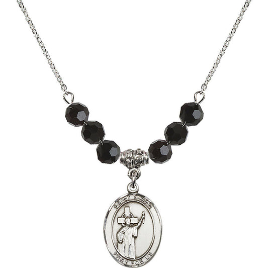Sterling Silver Saint Aidan of Lindesfarne Birthstone Necklace with Jet Beads - 8381