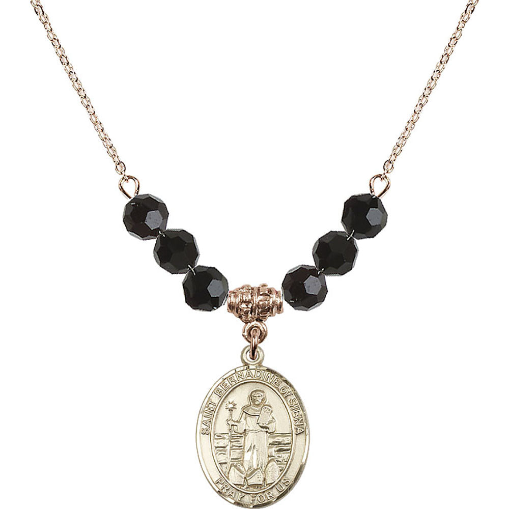 14kt Gold Filled Saint Bernadine of Sienna Birthstone Necklace with Jet Beads - 8387