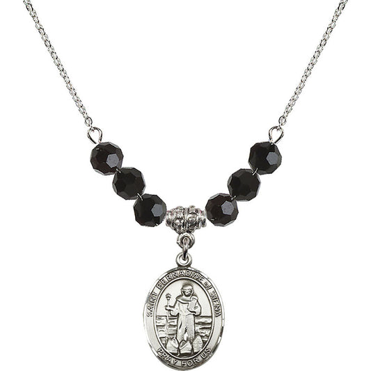 Sterling Silver Saint Bernadine of Sienna Birthstone Necklace with Jet Beads - 8387