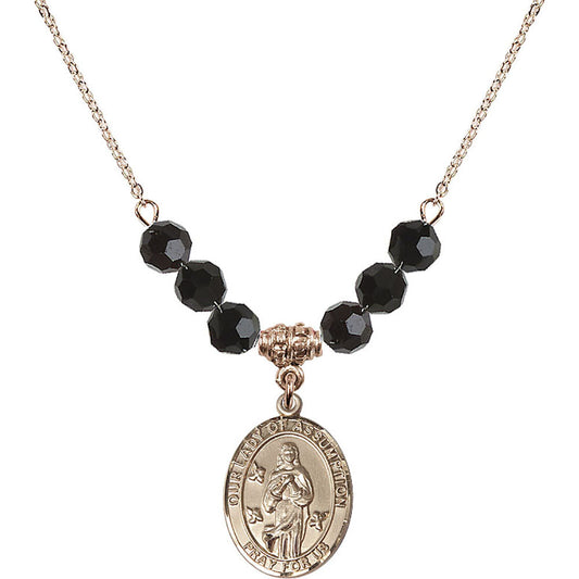 14kt Gold Filled Our Lady of Assumption Birthstone Necklace with Jet Beads - 8388