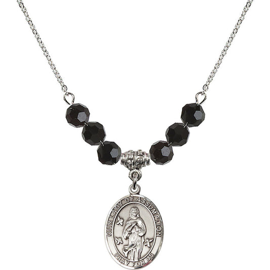 Sterling Silver Our Lady of Assumption Birthstone Necklace with Jet Beads - 8388