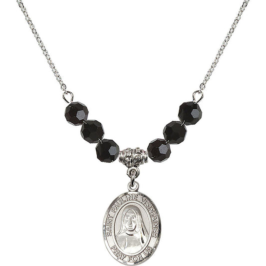 Sterling Silver Saint Pauline Visintainer Birthstone Necklace with Jet Beads - 8391