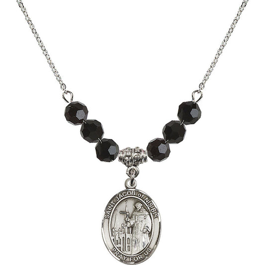 Sterling Silver Saint Jacob of Nisibis Birthstone Necklace with Jet Beads - 8392