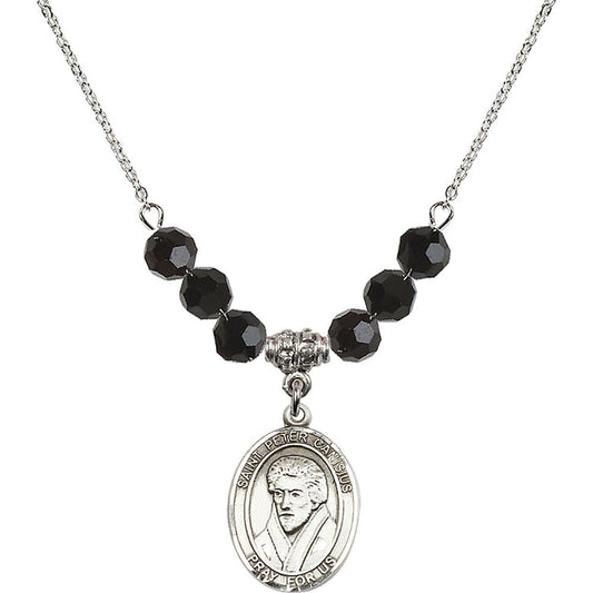 Sterling Silver Saint Peter Canisius Birthstone Necklace with Jet Beads - 8393