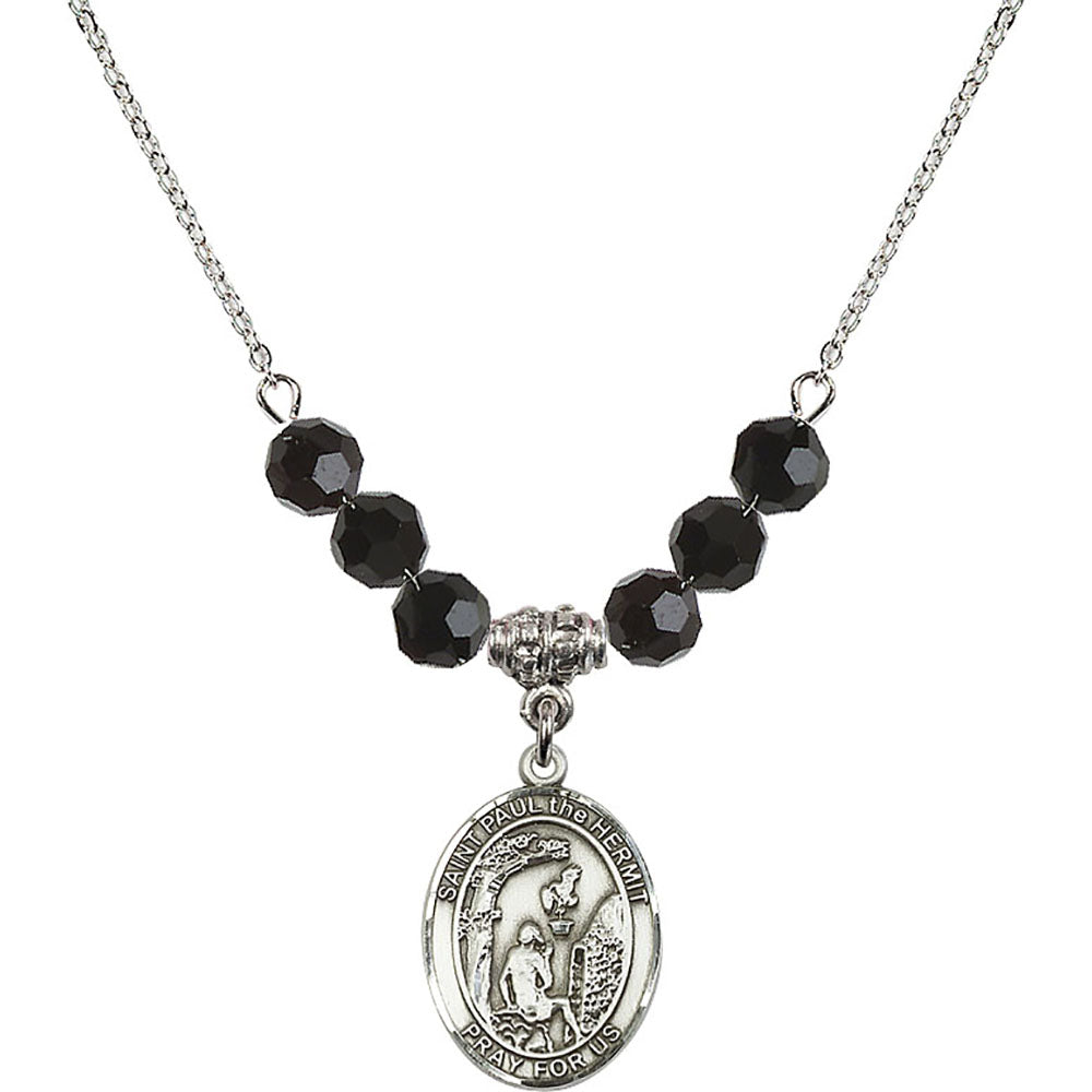 Sterling Silver Saint Paul the Hermit Birthstone Necklace with Jet Beads - 8394