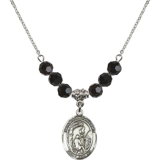 Sterling Silver Saint Paul the Hermit Birthstone Necklace with Jet Beads - 8394
