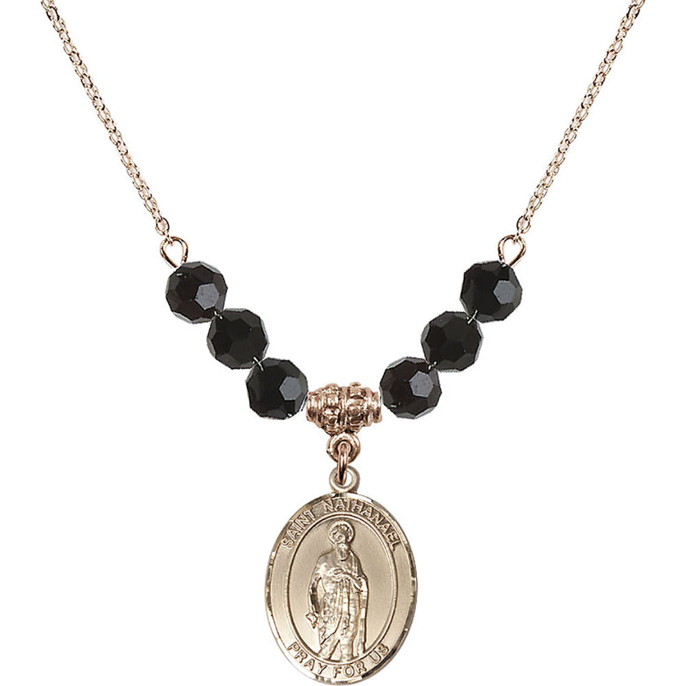 14kt Gold Filled Saint Nathanael Birthstone Necklace with Jet Beads - 8398