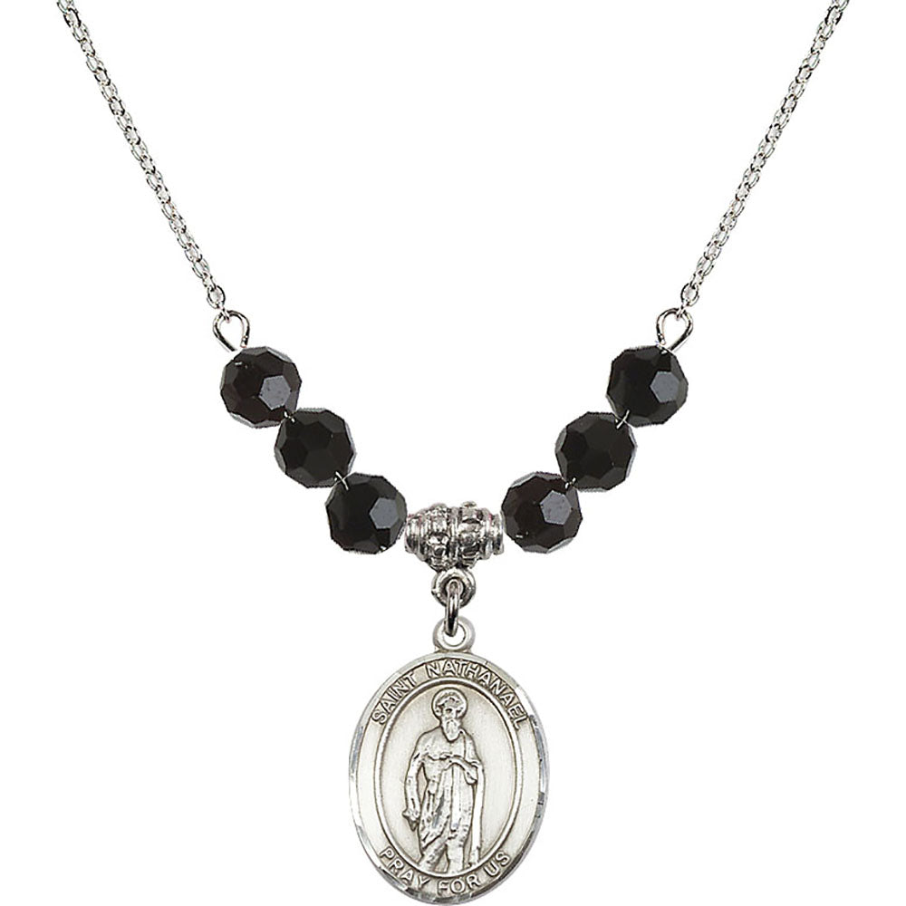 Sterling Silver Saint Nathanael Birthstone Necklace with Jet Beads - 8398