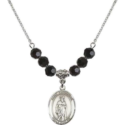 Sterling Silver Saint Nathanael Birthstone Necklace with Jet Beads - 8398