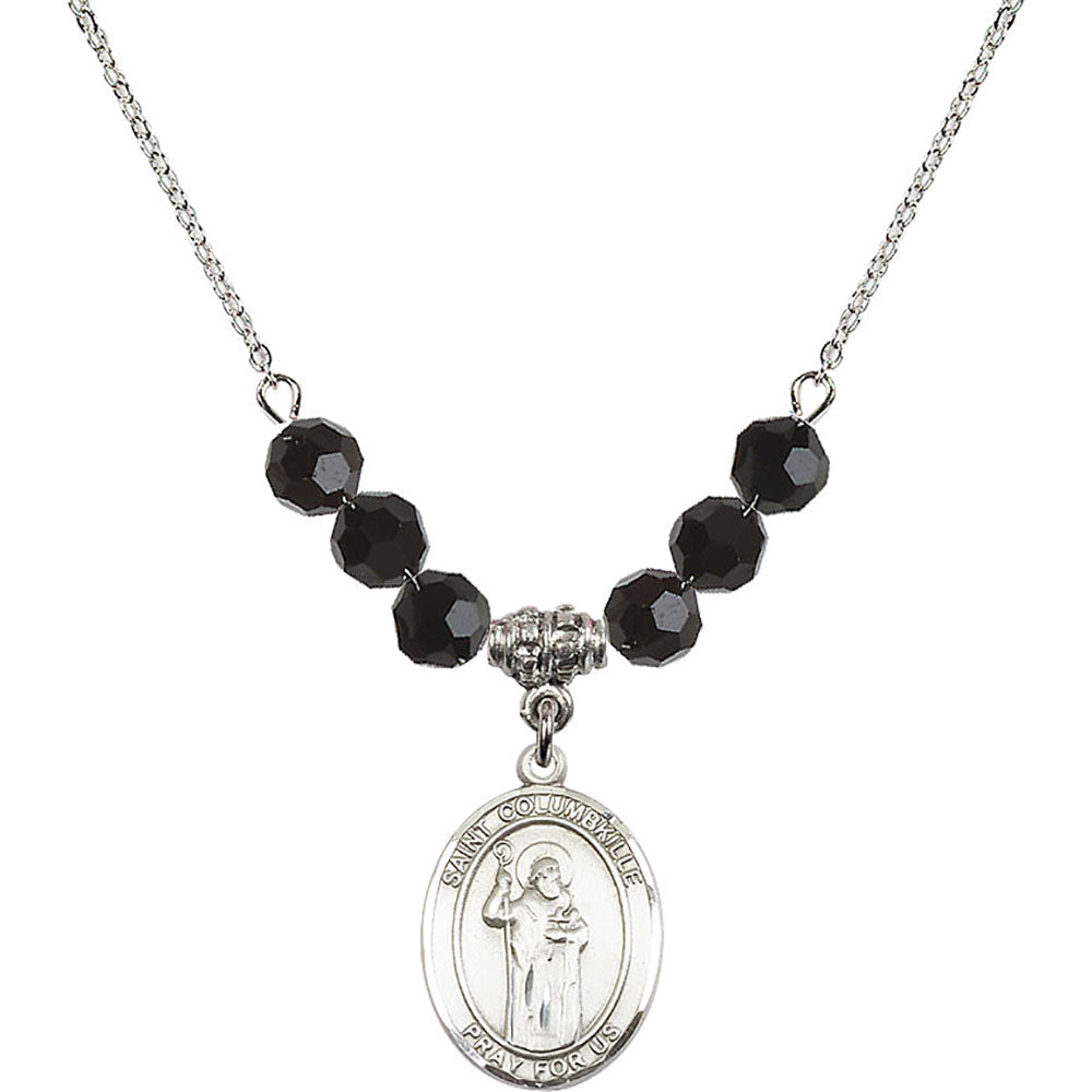 Sterling Silver Saint Columbkille Birthstone Necklace with Jet Beads - 8399
