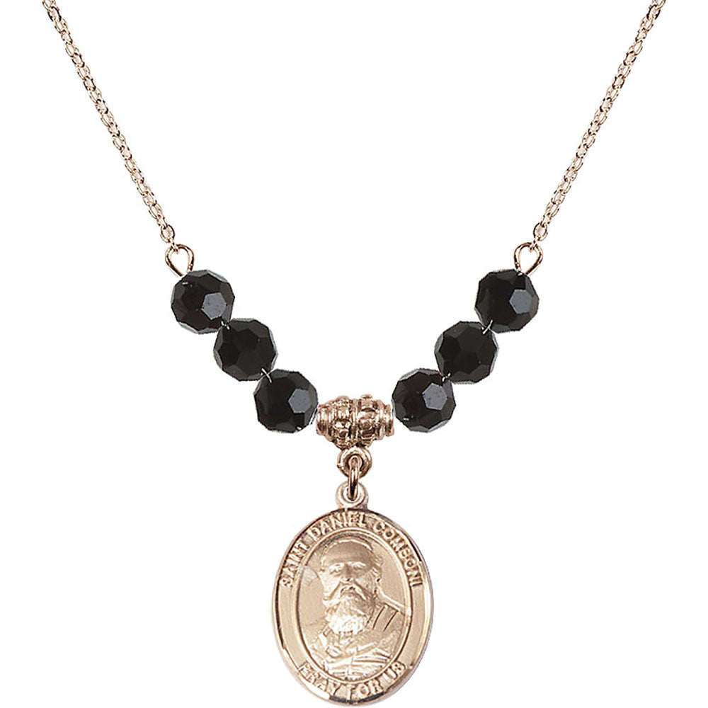 14kt Gold Filled Saint Daniel Comboni Birthstone Necklace with Jet Beads - 8400