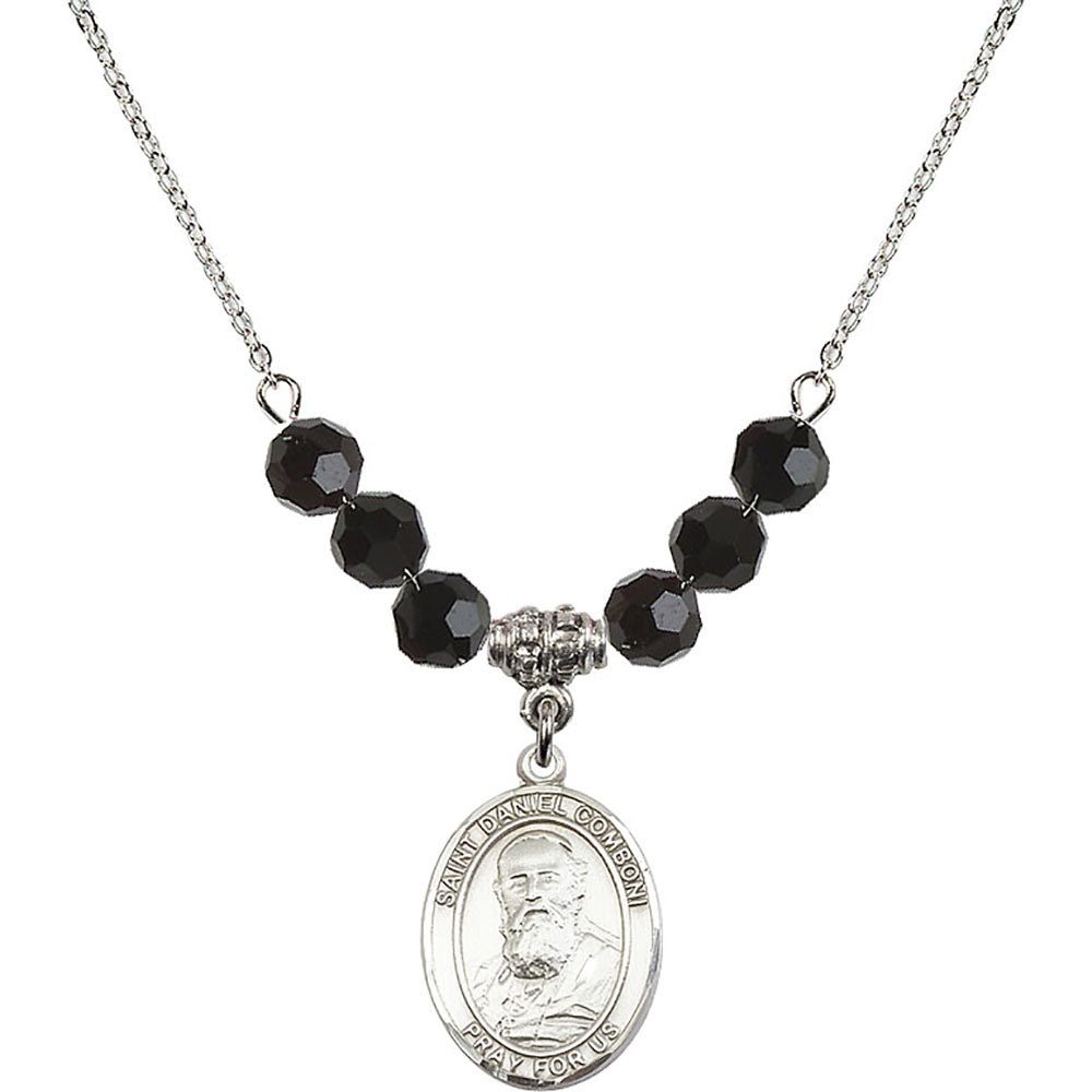 Sterling Silver Saint Daniel Comboni Birthstone Necklace with Jet Beads - 8400