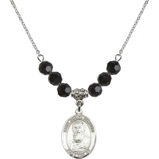 Sterling Silver Saint Daniel Comboni Birthstone Necklace with Jet Beads - 8400