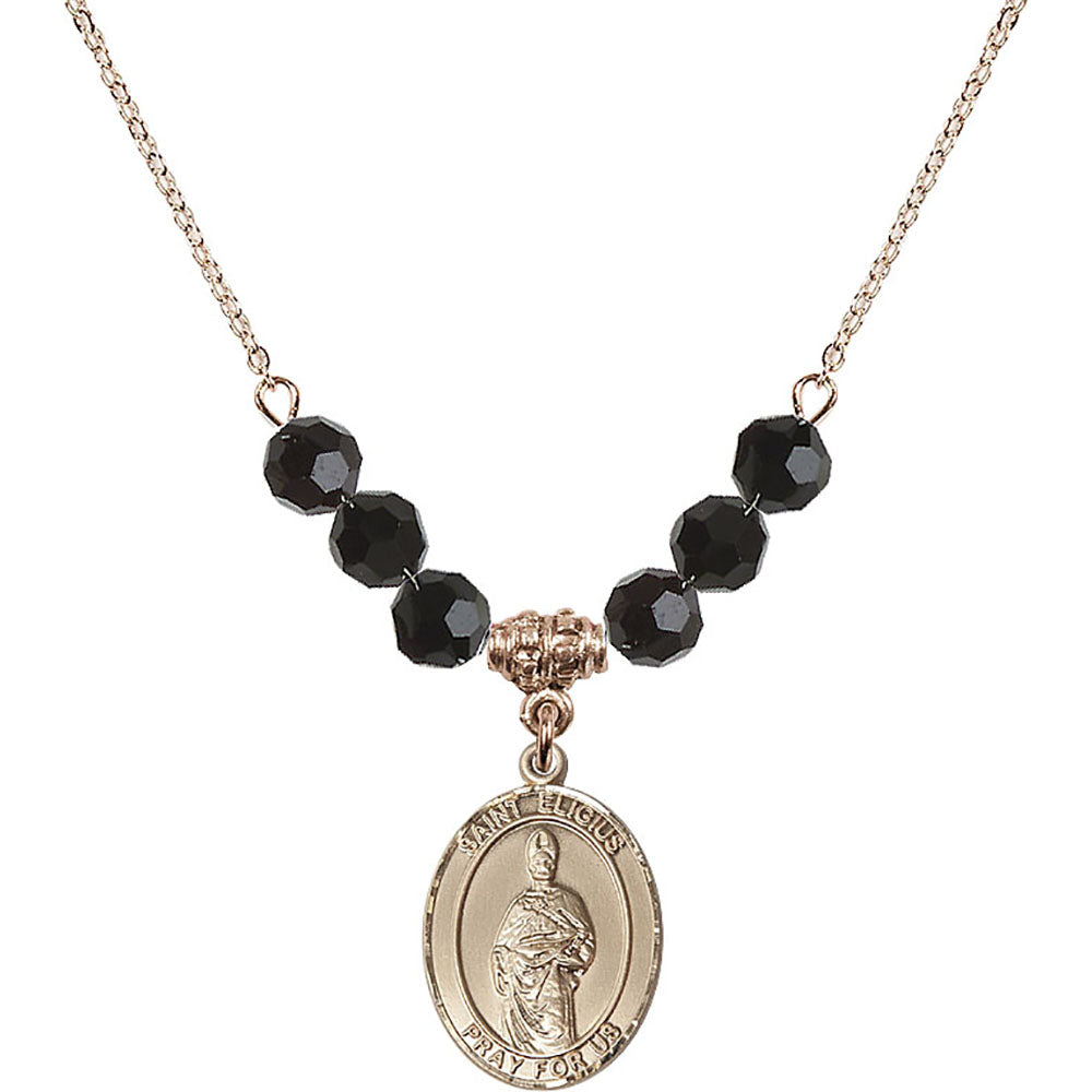 14kt Gold Filled Saint Eligius Birthstone Necklace with Jet Beads - 8402