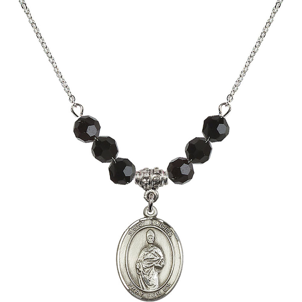 Sterling Silver Saint Eligius Birthstone Necklace with Jet Beads - 8402