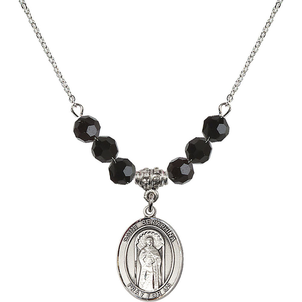 Sterling Silver Saint Seraphina Birthstone Necklace with Jet Beads - 8405