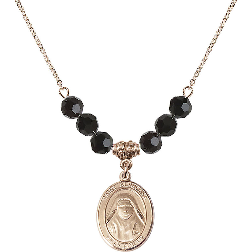 14kt Gold Filled Saint Alphonsa of India Birthstone Necklace with Jet Beads - 8406