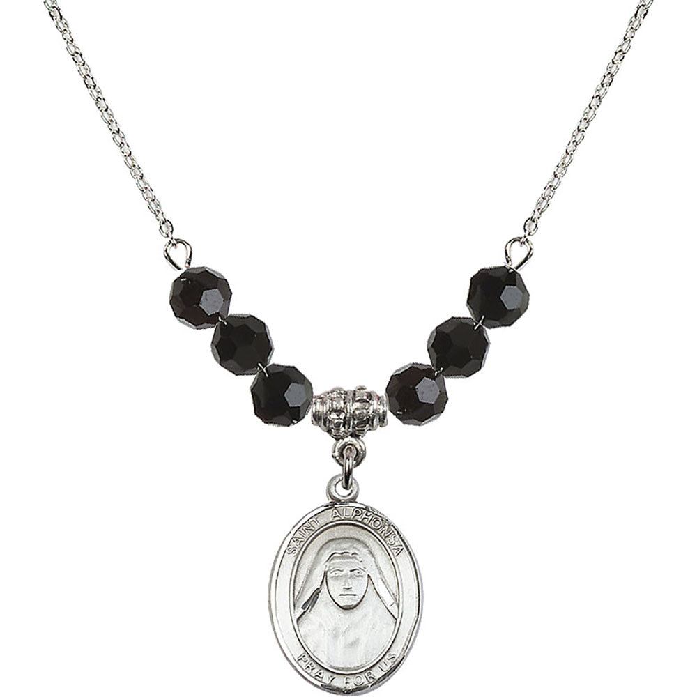 Sterling Silver Saint Alphonsa of India Birthstone Necklace with Jet Beads - 8406