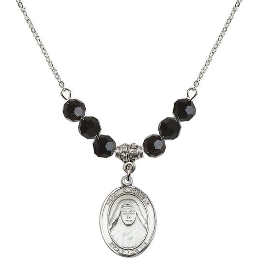 Sterling Silver Saint Alphonsa of India Birthstone Necklace with Jet Beads - 8406