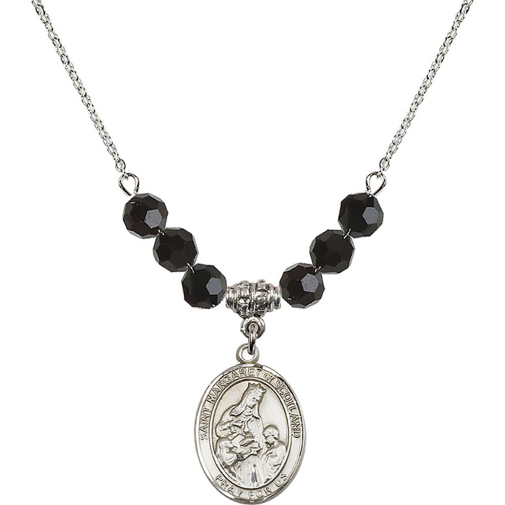Sterling Silver Saint Margaret of Scotland Birthstone Necklace with Jet Beads - 8407