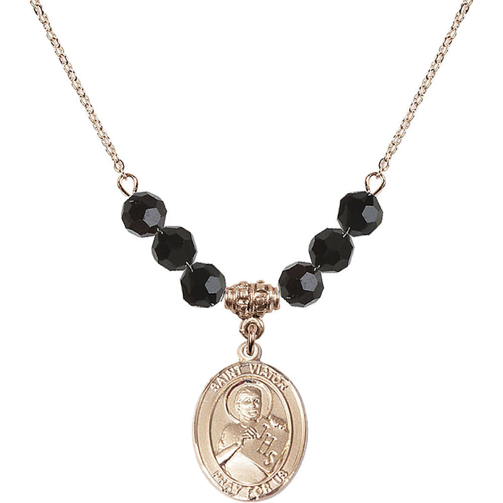 14kt Gold Filled Saint Viator of Bergamo Birthstone Necklace with Jet Beads - 8408
