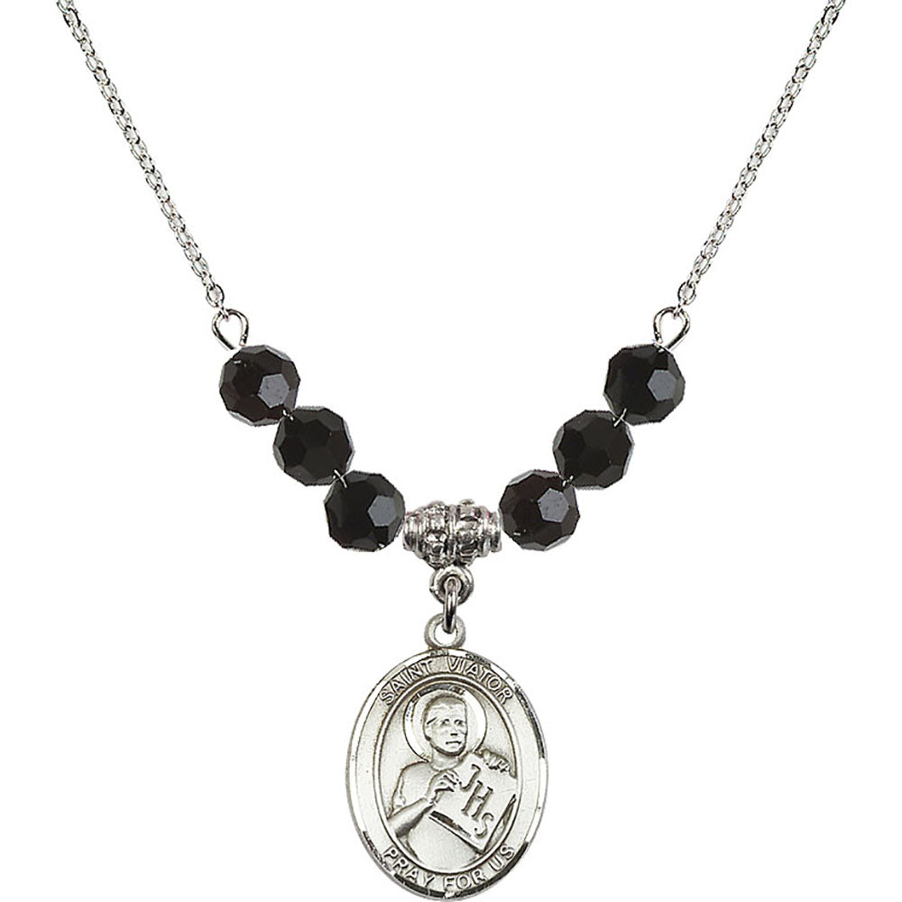 Sterling Silver Saint Viator of Bergamo Birthstone Necklace with Jet Beads - 8408