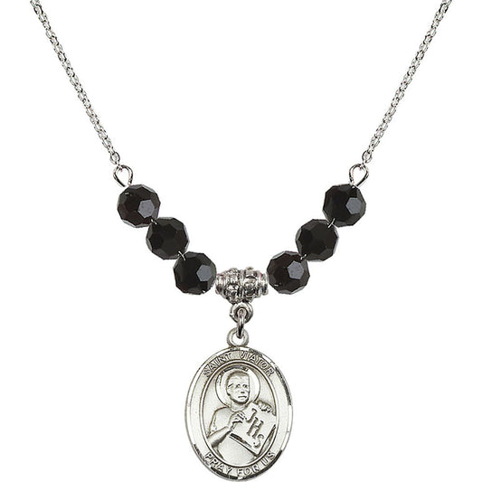 Sterling Silver Saint Viator of Bergamo Birthstone Necklace with Jet Beads - 8408