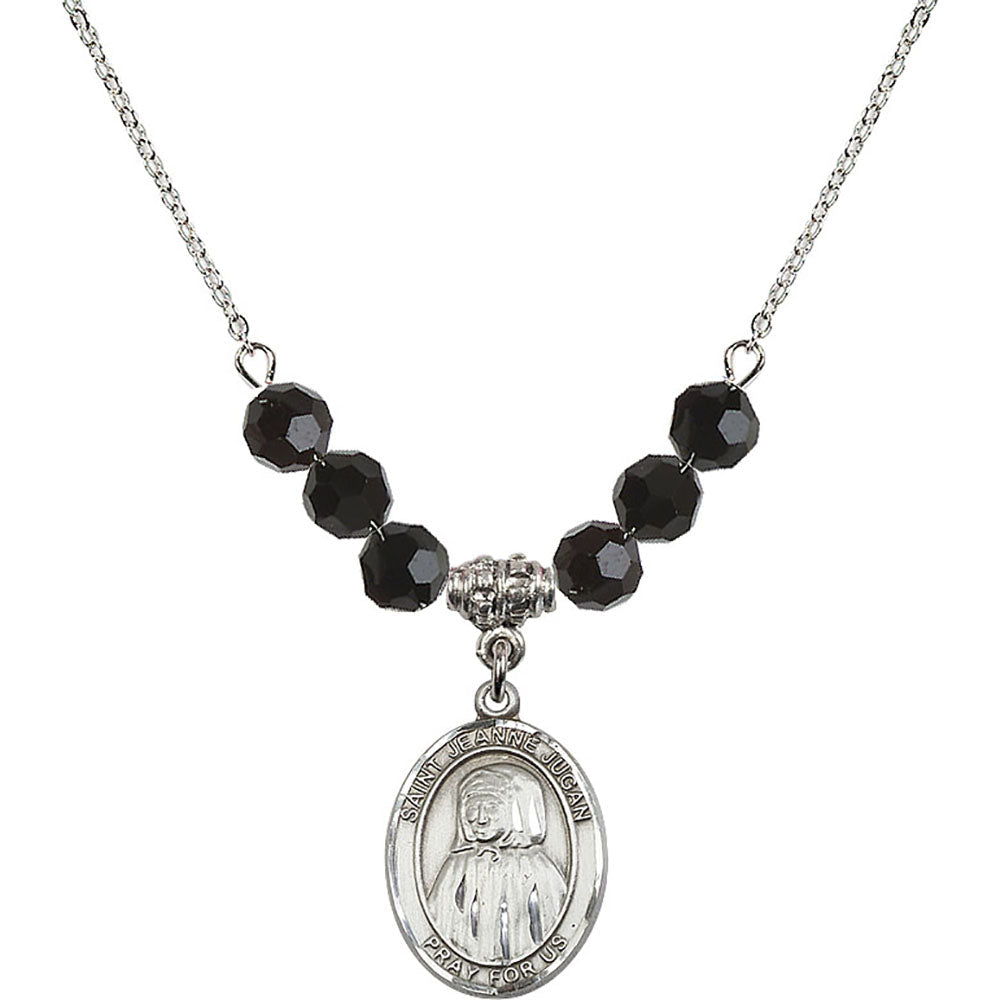 Sterling Silver Saint Jeanne Jugan Birthstone Necklace with Jet Beads - 8409
