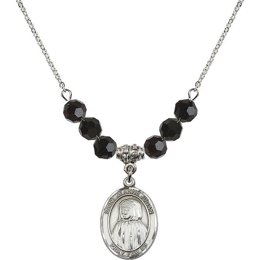 Sterling Silver Saint Jeanne Jugan Birthstone Necklace with Jet Beads - 8409