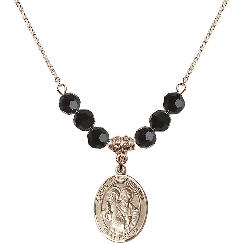 14kt Gold Filled Saints Peter & Paul Birthstone Necklace with Jet Beads - 8410