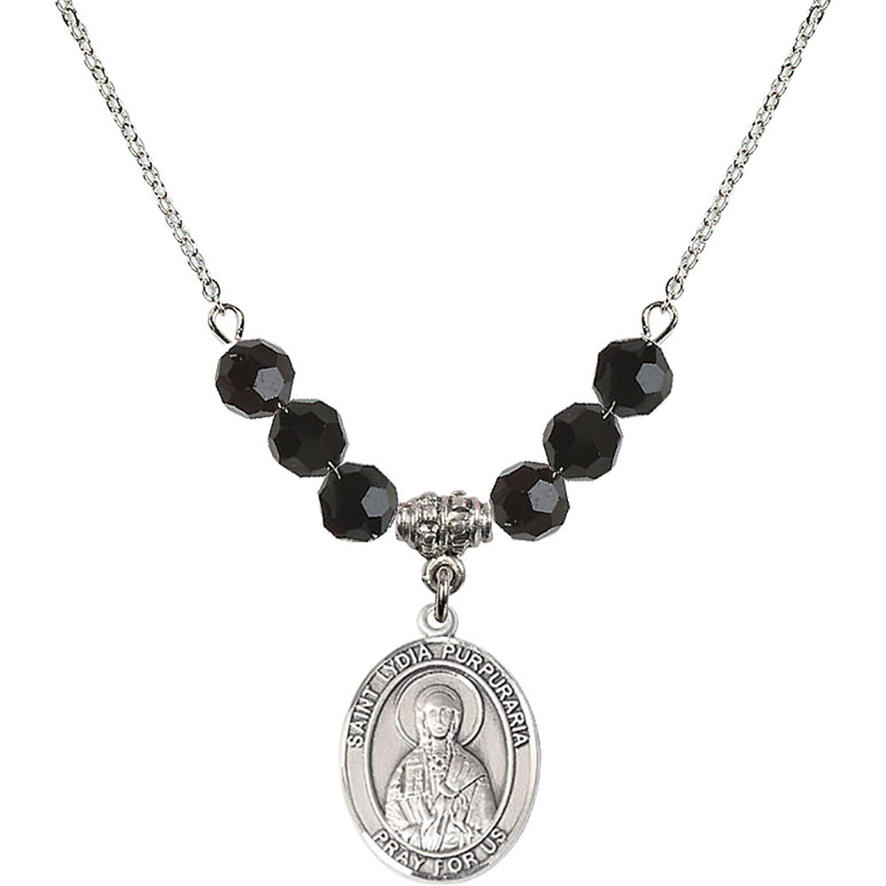 Sterling Silver Saint Lydia Purpuraria Birthstone Necklace with Jet Beads - 8411