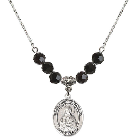 Sterling Silver Saint Lydia Purpuraria Birthstone Necklace with Jet Beads - 8411
