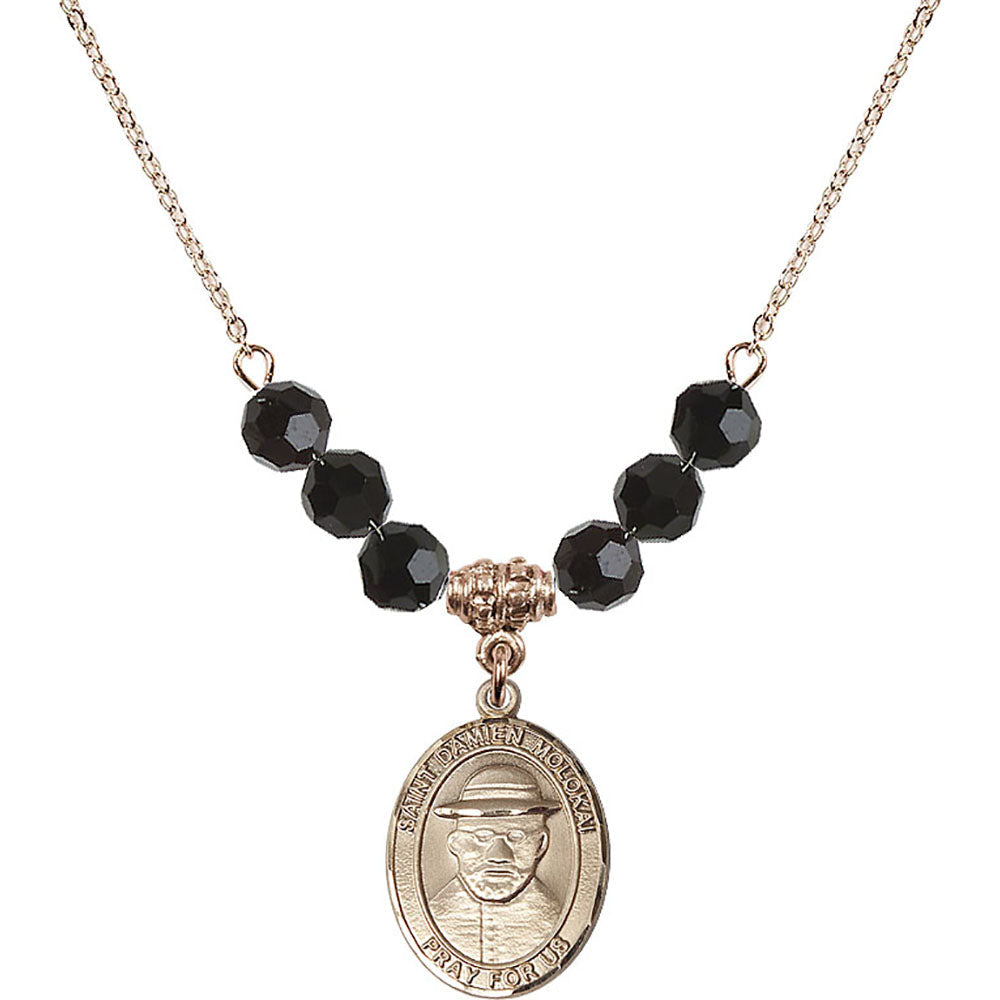 14kt Gold Filled Saint Damien of Molokai Birthstone Necklace with Jet Beads - 8412