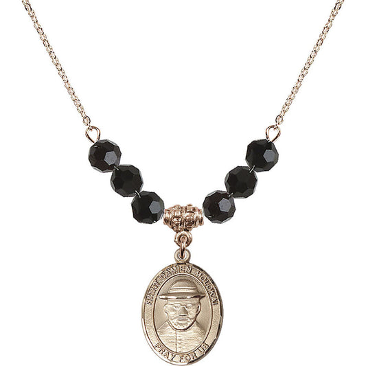 14kt Gold Filled Saint Damien of Molokai Birthstone Necklace with Jet Beads - 8412