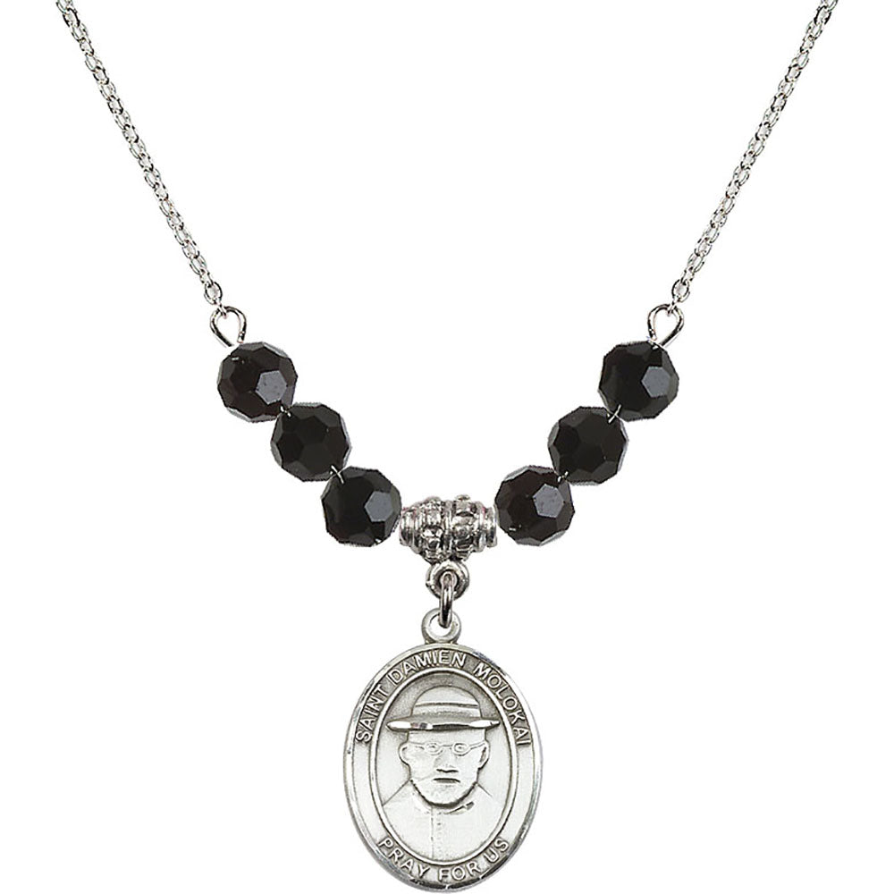Sterling Silver Saint Damien of Molokai Birthstone Necklace with Jet Beads - 8412