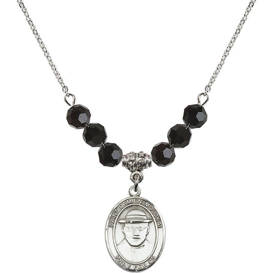 Sterling Silver Saint Damien of Molokai Birthstone Necklace with Jet Beads - 8412