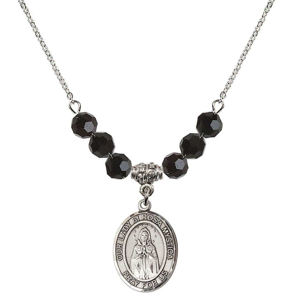 Sterling Silver Our Lady of Rosa Mystica Birthstone Necklace with Jet Beads - 8413
