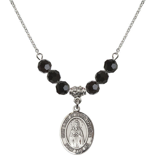 Sterling Silver Our Lady of Rosa Mystica Birthstone Necklace with Jet Beads - 8413
