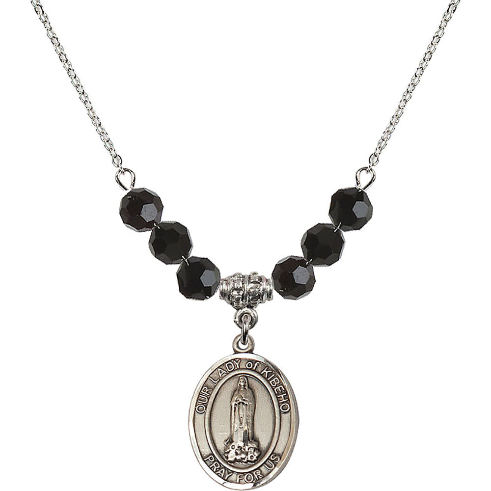 Sterling Silver Our Lady of Kibeho Birthstone Necklace with Jet Beads - 8414