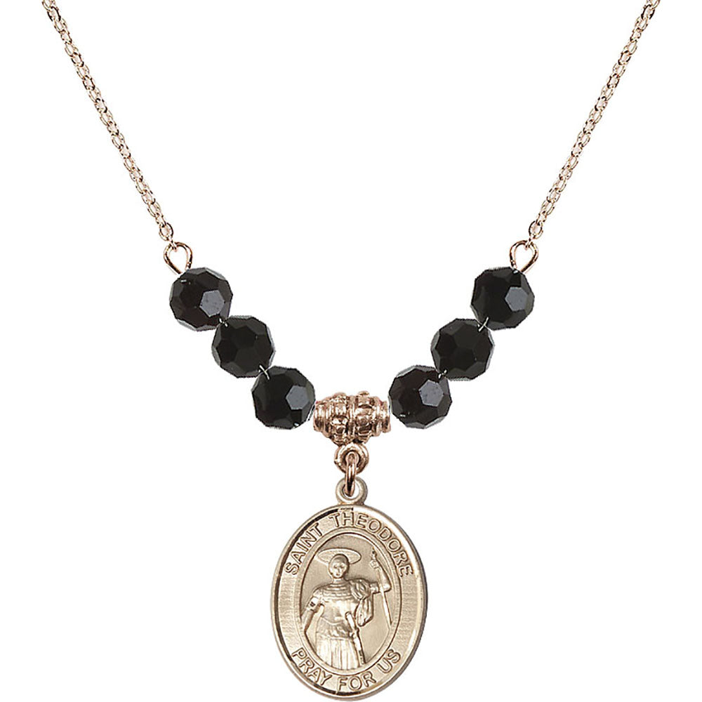 14kt Gold Filled Saint Theodore Stratelates Birthstone Necklace with Jet Beads - 8415