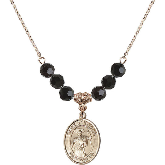 14kt Gold Filled Saint Theodore Stratelates Birthstone Necklace with Jet Beads - 8415
