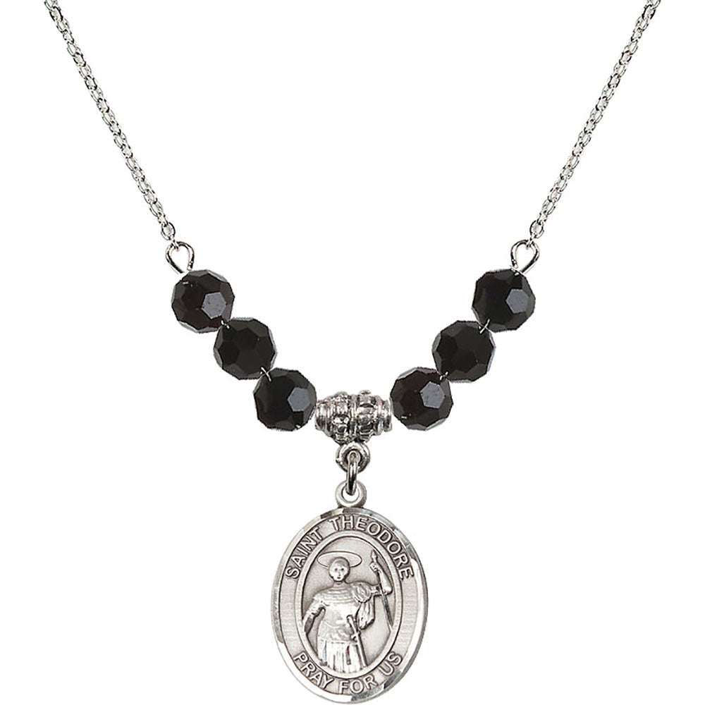 Sterling Silver Saint Theodore Stratelates Birthstone Necklace with Jet Beads - 8415
