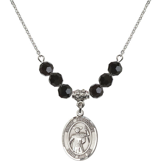 Sterling Silver Saint Theodore Stratelates Birthstone Necklace with Jet Beads - 8415