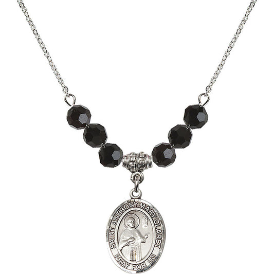 Sterling Silver Saint Anthony Mary Claret Birthstone Necklace with Jet Beads - 8416